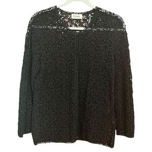 VTG Begonia Black Hand Crocheted 100% Cotton Button Front Cardigan Size L EUC